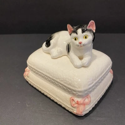 De colección Seymour Mann Pintado a Mano Cerámica Negro Blanco Gato Estatuilla Caja Baratija Foto 1 de 4