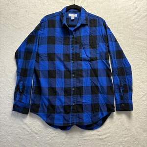 Old Navy Flannel Shirt Women Sz Medium Tall Blue Black Plaid Boyfriend Button Up - Picture 1 of 10
