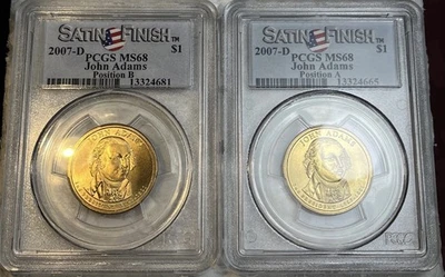 2007 D John Adams  $1 Dollar PCGS Certified Satin MS68 Position A & B 2 Coin Lot - Image 1 of 4