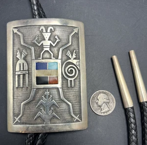Frank Lahaleon ZUNI Sterling Silber Overlay EDELSTEIN-INLAY BOLO Krawatte GROSS 4" SLIDE - Bild 1 von 17