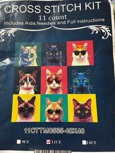 Cool Cats Some With Sunglasses Pre-Printed Cross Stitch Kit - Picture 1 of 3