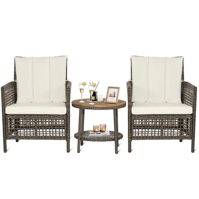 Juego de sofá de ratán para patio Patiojoy de 3 piezas con acogedor respaldo y reposabrazos curvos blanco roto Foto 1 de 4