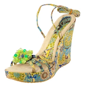 NIB VTG Y2K COLORE DONNA Paisley Strappy 5" Heels Wedge Beaded 41 EU 10 ITALY - Picture 1 of 9