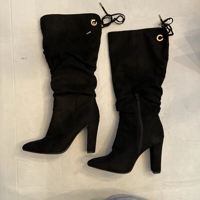 Botas ShoeDazzle para mujer talla 8,5 negras imitación gamuza tacón holgado bloque con cordones omete Foto 1 de 4