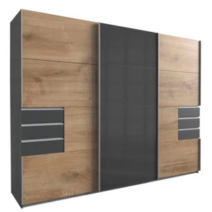 Schwebetürenschrank Kleiderschrank Saigon 270x64x208cm Plankeneiche graphit Glas - Bild 1 von 6