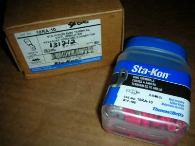THOMAS & BETTS Sta-Kon 18RA-10 Ring Terminal #10 Ring 22 to 16 AWG Red PK100 NEW - Image 1 of 4