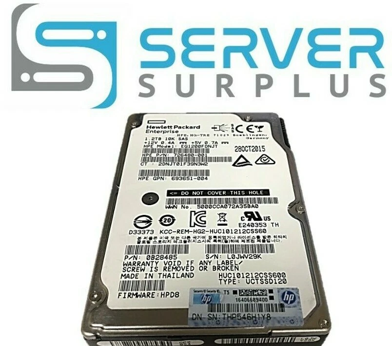 718159-002 726480-001 HPE 1.2TB 10K 6G SFF 2.5'' SAS SC HDD HARD DRIVE W/O TRAY - Image 1 of 1