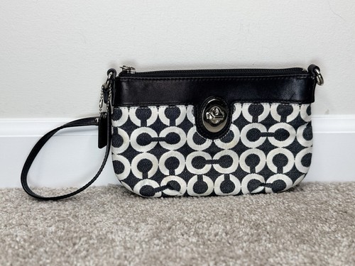 Borsa Coach Peyton Signature tela pelle grande da polso nero bianco