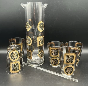Culver? Juego de cócteles jarra vasos lowball MCM dorado negro 22k - 7 piezas - Imagen 1 de 16
