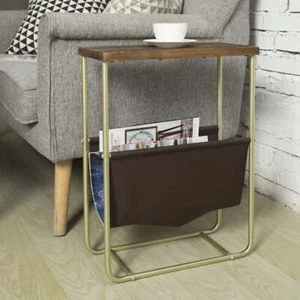 Dark Brown Wood End Table & Brass Metal Frame with Leatherette Magazine Holder - Picture 1 of 6