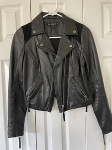 Topshop Petite Real Leather Motorcycle Biker Jacket size US 2 Diagonal Zip - Picture 1 of 6