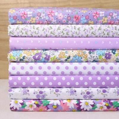 8 Assorted Purple 25cm Cotton Flower Print Fabric Squares Lot Quilting Sewing - Image 1 of 4
