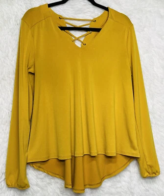 Jennifer Lopez Womens Yellow V Neck L-Sleeve Blouse Size M Hi Low Hem Boho - Image 1 of 4