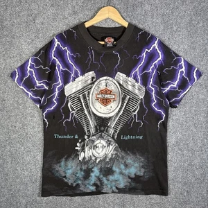 Vintage Harley Davidson Shirt Mens Medium Black 90s Thunder AOP Faded Lightning - Picture 1 of 8