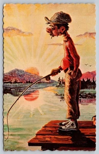 Postcard Oil Painting The Contented Fisherman by Wes Herrick Die Cut Edge c1960s - Picture 1 of 2