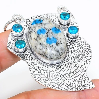 K2 Azurite, Gemma Di Topazio Blu, Pendente In Argento Sterling 925 2.48" - Immagine 1 di 4
