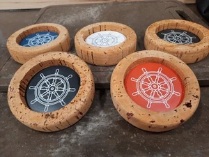 Vintage Set of 5 Coasters Nautical Sailing Ship Wheel Cork Made in Portugal - Picture 1 of 6