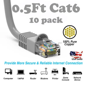 Cavo Ethernet 0,5 piedi CAT6 rete Lan CAT6 modem Internet RJ45 cavo patch grigio - Foto 1 di 3