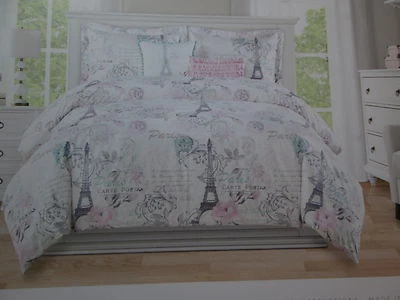 2 pc Envogue PARIS Eiffel Tower Rose Twin Duvet Set ~ Grey, Aqua, Pink, Lavender - Photo 1/4