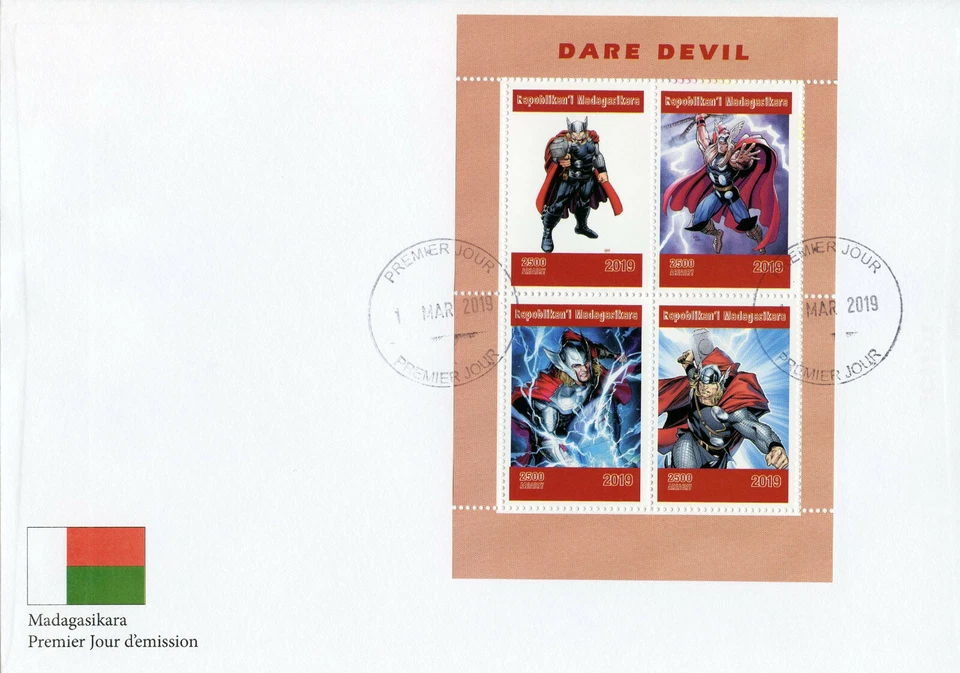 Marvel Superheroes Stamps Madagascar 2019 FDC Daredevil ERROR Thor 4v M/S - Image 1 of 1