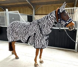 Zebra Print Fly Mesh Rug for Horse Pony Shetland - Lightweight Full Neck Combo - Picture 1 of 7