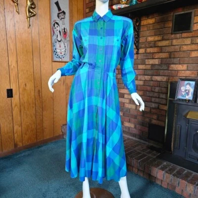 Vtg 90s Preppy Plaid Trad Shirtwaist Full Skirt Liz Claiborne Blouson Dress S/M - Image 1 of 4