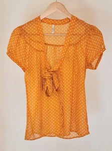 Orange & White Polka Dot Semi Sheer Silk Short Sleeve Tie Top XS AU 6 US 2 CUE - Picture 1 of 15