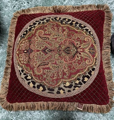 Vtg Sherry Kline Unique Decor Pillow Burgundy Brocade Leopard Fringed Edge EUC - Image 1 of 4