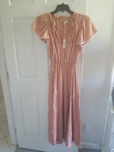 Max Studio Midi Tiered Dress Check Brick Cotton Flutter Sleeve V-Neck S NWT$158 - Picture 1 of 10