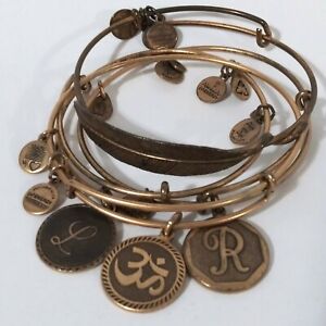 4pc Feather · OM · "L" and Letter "R" Charm Bangle Bracelets Set Antique Gold.