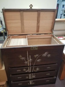Vintage Handmade Teak & Sandalwood Blanket Chest On Drawers W/ MOP Inlay Signed - Picture 1 of 7