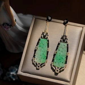 Ohrringe Clip vergoldet Jade geschnitzt grün weiß Art Deco 1920er Stil SB2 - Bild 1 von 11