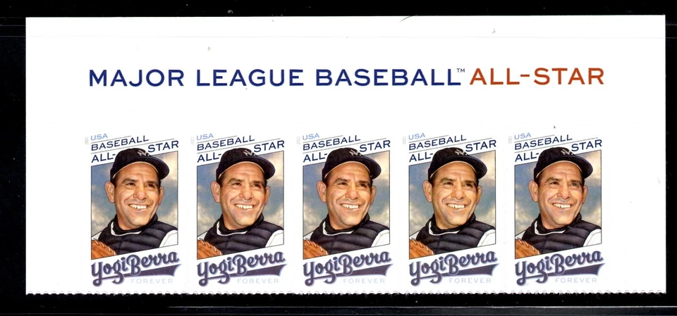 UNITED STATES SCOTT 5608 YOGI BERRA TOP ROW OF 5 STAMPS & LABEL MNH 2021 - Image 1 of 1