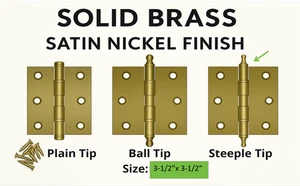 3-1/2"x3-1/2"solid brass ball bearing door hinge, satin brushed with Steeple tip - Picture 1 of 3