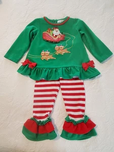 Mädchen Weihnachts Outfit Set mit Weihnachtsmann und Rentier Design 18 Monate Grün - Bild 1 von 6