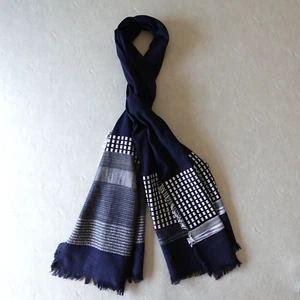 J Crew Large Rectangular Scarf Wrap Navy Blue Woven Fringe Size 29 x 80 - Picture 1 of 7