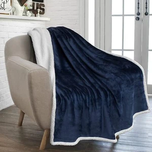 Sherpa Fleece Throw Blanket for Couch, Navy Blue, Plush Soft Fuzzy Sofa Blank - Picture 1 of 7