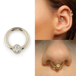 14G 3/8" GOLD STEEL CZ GEM CAPTIVE BEAD RING NOSE SEPTUM EAR CONCH EYEBROW HELIX - Picture 1 of 1