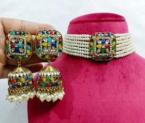 Indian CZ Multi Color Necklace Choker Earring Gold Plated Wedding Bridal Jewelry - Picture 1 of 4