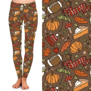 Fall Pumpkin Pie Latte Football Women's Leggings w/ Pockets TC Plus Size 12-18 - Picture 1 of 2
