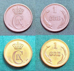(2) Denmark 1 Ore coins 1887 & 1888 Gold plated + (2) US Revenue tax stamps F/S - Picture 1 of 3
