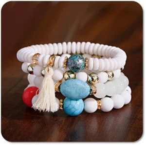 Set Of 4 Bracelets Ibiza Boho Glass Beads Pompom Opal Imitation Stone WHITE - Picture 1 of 1