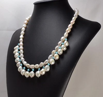 COLLANA IN ARGENTO 925 CON PERLE BIANCHE BAROCCHE E PASTA DI TURCHESE AGLN 0146 - Immagine 1 di 3