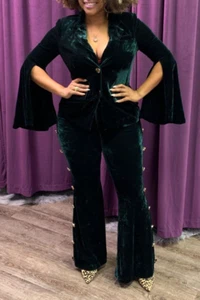 L’Atiste By Amy Velvet Blazer and Pants Suit - Emerald Sz Large FLAR SLEEVE/LEGS - Picture 1 of 19