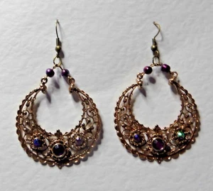 EXÓTICOS PENDIENTES DE ARO CHAPADOS EN ORO ROSA ESTILO INDIO ORIENTAL PIEDRAS PÚRPURAS - Imagen 1 de 1
