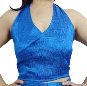 Women's Halter Top V-Neck Blue Jacquard Thai Silk Blend Sleeveless Basic Blouse - Picture 1 of 9