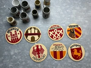 vintage German MINI BEER STEIN LOT/9 Nurnberg Frankfurt & bierdeckel coaster set - Picture 1 of 24