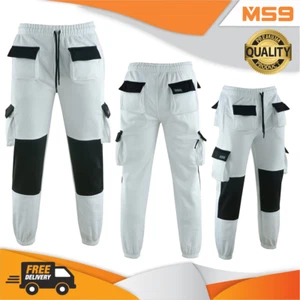 MS9 Mens Fleece Painters Decorators Combat Cargo Work Trousers Joggers White - Picture 1 of 8