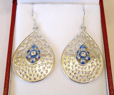 Orecchini in argento 925 pendenti, con smaltatura Blu e Cristallo, handmade - Immagine 1 di 4