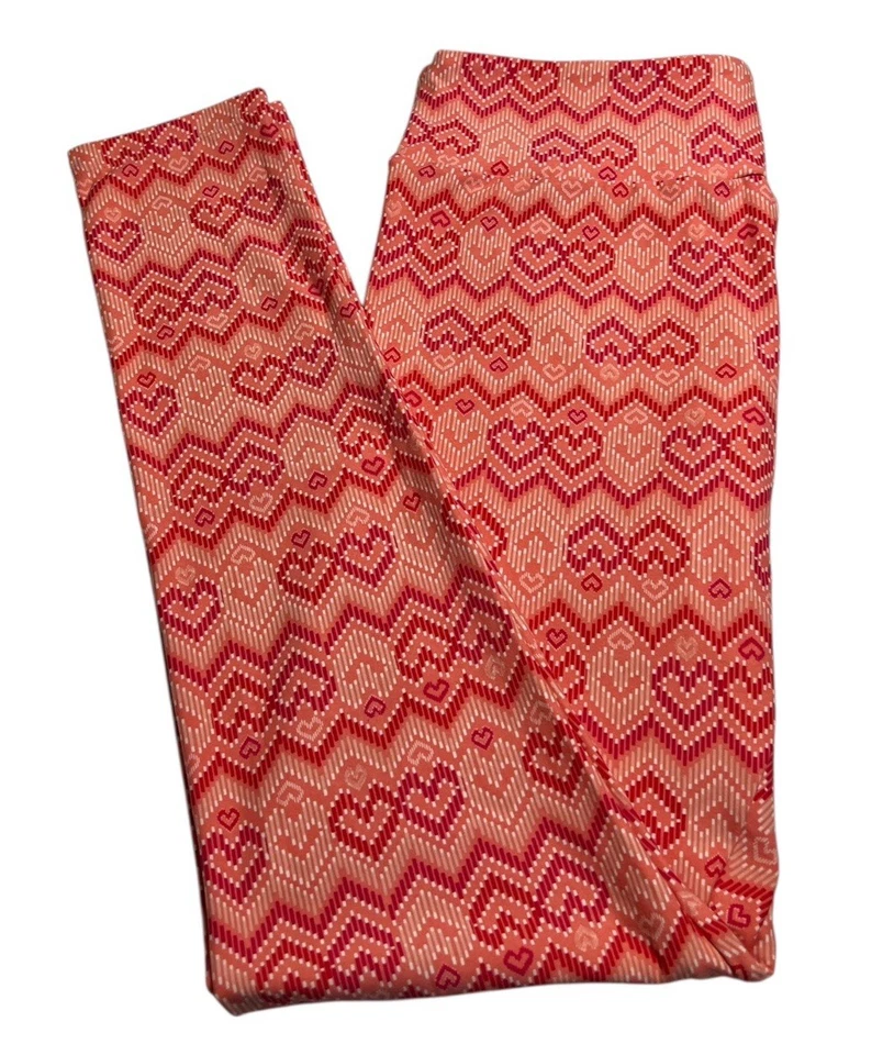 LuLaRoe Leggings TC Tall Curvy Fun PINK PEACH Chevron UGLY SWEATER Heart Knit - Image 1 of 4